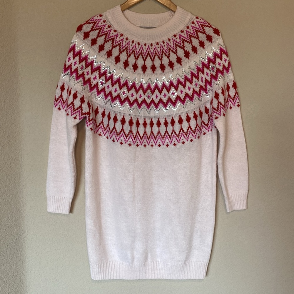 ASOS Pink Red Fair Isle Long Sleeve Mini Sweater Sequin Detail Dress 4 - Picture 2 of 9